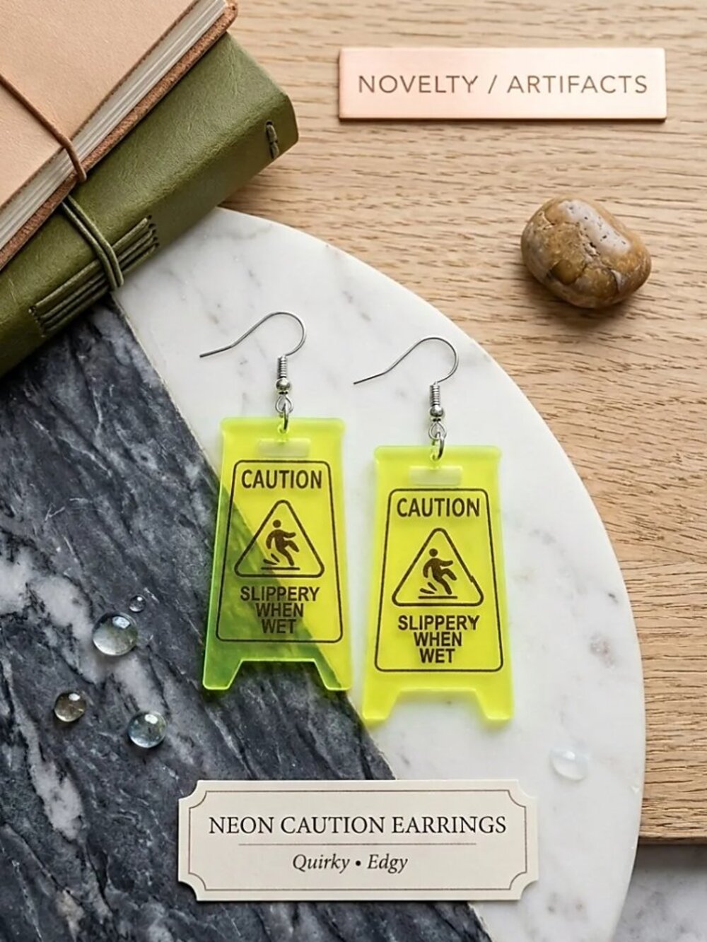 NWT- Neon Caution Sign Novelty Earrings • Quirky 2D Flat Acrylic Yellow NIB